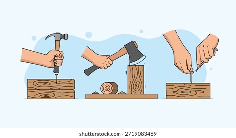 Conjunto de três ilustrações mostrando mãos realizando tarefas de carpintaria como martelar uma unha cortando madeira e puxando uma unha.