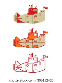Set of three illustrations of submarine