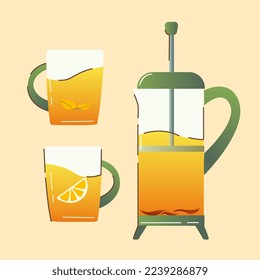 Set of three illustrations, teapot and two cups, black tea, lemon, tea leaves, glass, flat design