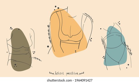 A set of three illustrations with various lovely girls in lingerie, bikinis. Body positive summer minimalist outline drawings. Attractive body parts of girls. Girly backgrounds for social media.