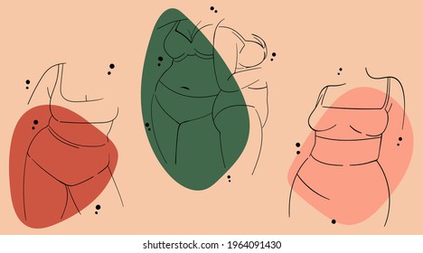 A set of three illustrations with various lovely girls in lingerie, bikinis. Body positive summer minimalist outline drawings. Attractive body parts of girls. Girly backgrounds for social media.