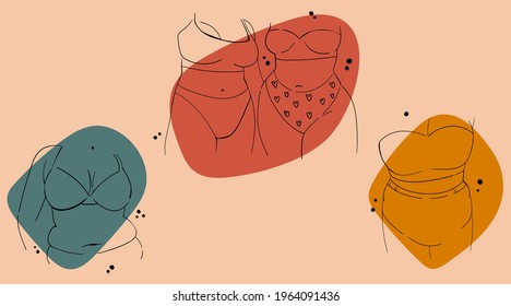 A Set Of Three Illustrations With Various Lovely Girls In Lingerie, Bikinis. Body Positive Summer Minimalist Outline Drawings. Attractive Body Parts Of Girls. Girly Backgrounds For Social Media.