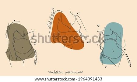 A set of three illustrations with various lovely girls in lingerie, bikinis. Body positive summer minimalist outline drawings. Attractive body parts of girls. Girly backgrounds for social media.