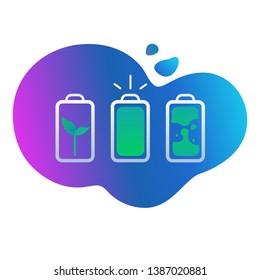 Set of of three images of batteries, batteries with green germ, with a green  indicator of full chargeand and abstract green oil forms. Green energy, clean batteries without waste
