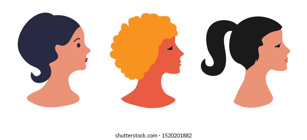 Set of three images of colored female heads in profile.Girls with different hairstyles and hair color in profile on an isolated background.Flat style vector illustration.
