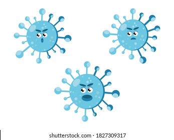conjunto de tres imágenes de un virus en un fondo blanco. Caricatura de coronavirus enojado. Para banners informativos. Embalaje antiséptico. Plantilla para la prevención y recordatorios para niños. Gráficos vectoriales.