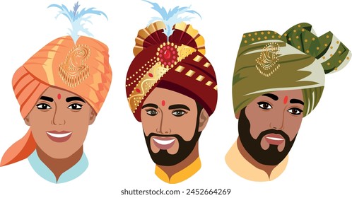 Set of three Indian grooms in fashionable beautiful wedding turbans of different colors and shapes richly decorated with decorative elements in gold Vector