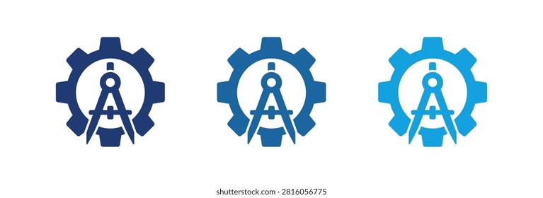 A set of three industrial design icons showing a mechanical gear wheel combined with a drafting compass divider tool in various shades of blue.