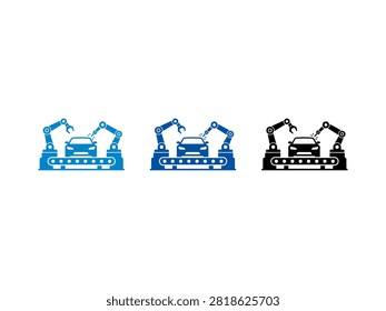 A set of three industrial icons showing robotic arms assembling a car on a conveyor belt in blue and black colors.