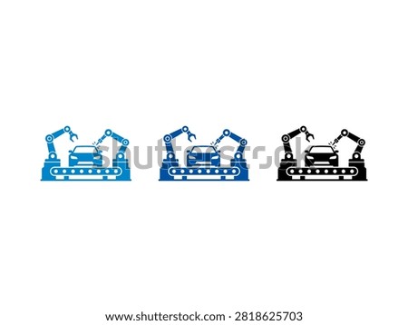 A set of three industrial icons showing robotic arms assembling a car on a conveyor belt in blue and black colors.
