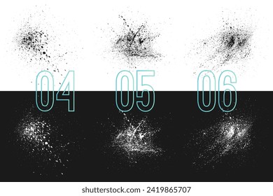 Set of three ink spray paint on white and black background. Speckle texture. 