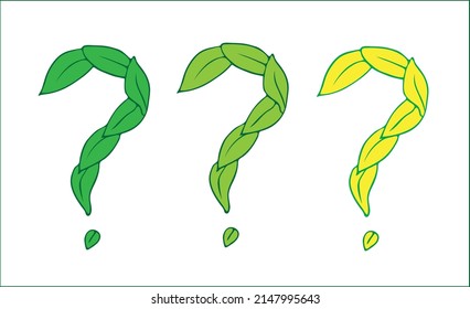 Juego de tres signos de interrogación en verde y amarillo. Hojas divertidas con forma de signos de interrogación, signos ecológicos. Ilustraciones vectoriales.
