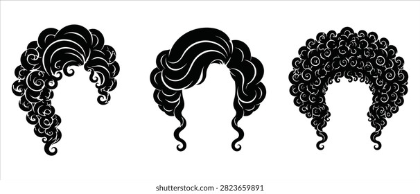 A set of three intricate and curly hairstyle silhouettes, showcasing different decorative hair patterns