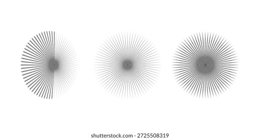 Ein Satz von drei komplizierten, symmetrischen abstrakten schwarz-weißen Mustern, die digitalen Schallwellen oder komplexen Mandalas ähneln.