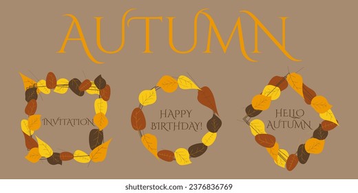 Set of three invitation or greeting card designs decorated with autumn leaves and lettering examples on beige background	