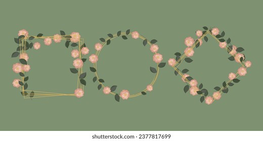 Satz von drei Einladung- oder Grußkartendesigns, die mit Rosenblumen auf grünem Hintergrund verziert sind	