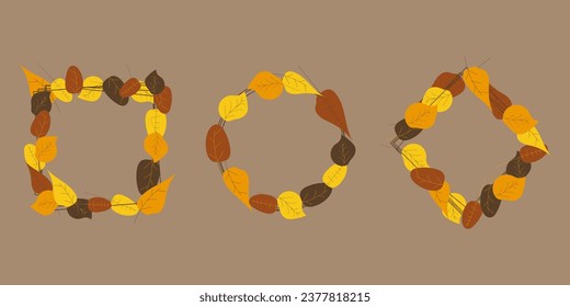 Set of three invitation or greeting card designs decorated with autumn leaves on beige background	
