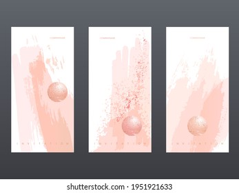 A set of three invitations. Pink, peach, nude brush strokes, spots and balls with golden texture on a white background. Vector design template for card, cover, poster. 