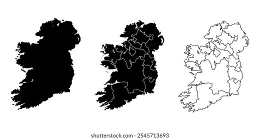 Conjunto de três silhuetas mapa Irlanda em preto e estilo de contorno com regiões.