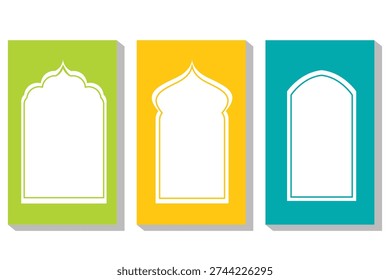 Set of three Islamic door or window frame templates in a flat design style. Minimalist white arch silhouettes on green, yellow, and turquoise backgrounds, perfect for Ramadan or Eid greeting card designs.