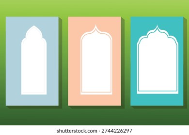 Set of three Islamic door or window frame templates in a flat design style. Minimalist white arch silhouettes on green, yellow, and turquoise backgrounds, perfect for Ramadan or Eid greeting card designs.