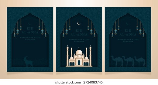 Um conjunto de três cartões de saudação islâmicos para o Eid Al-Adha, com uma mesquita, lanternas suspensas e silhuetas de animais em um belo arco azul-petróleo e dourado com espaço para cópias.