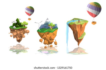 Set three island low polygon landscape  background,geometric and triangle shape design,balloon, isolated with white background,nature environment ecology concept,vector art and illustration.
