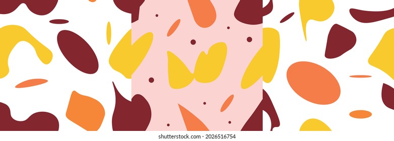 A set of three isolated abstract patterns with random spots in a bordo, rose and orange color scheme. Vector illustration in modern style. Stamp texture, wallpaper collection. minimalist art.