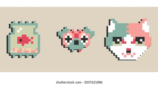 A set of three isolated animal illustrations. Pixel art icons for social networks, stickers, avatars, logos. Design elements with pets, fish in the aquarium, dog, cat. Bright geometric patterns.
