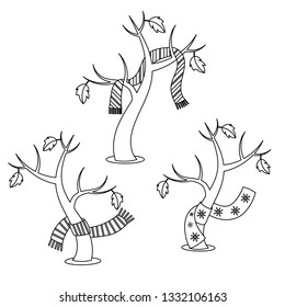 Set of three isolated autumn trees with leaves in scarves. Elements for a colouring book. White background. Cartoon style illustration. Vector.
