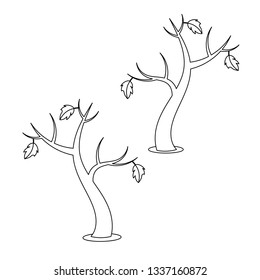 Set of three isolated autumn trees with leaves. Elements for a colouring book. Black and white sketch. White background. Cartoon style illustration. Vector.