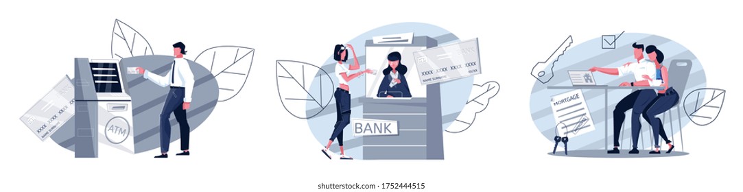 Set of three isolated bank compositions with flat human characters of workers with clients and paperwork vector illustration
