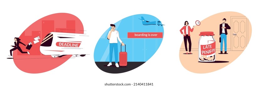 Set with three isolated be late compositions with flat views of penalty deadline and plane boarding vector illustration