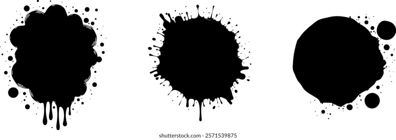 Set of three Isolated black paint splatter on transparent background with empty space for text