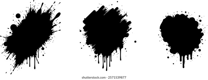 Set of three Isolated black paint splatter on transparent background with empty space for text