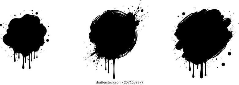 Set of three Isolated black paint splatter on transparent background with empty space for text