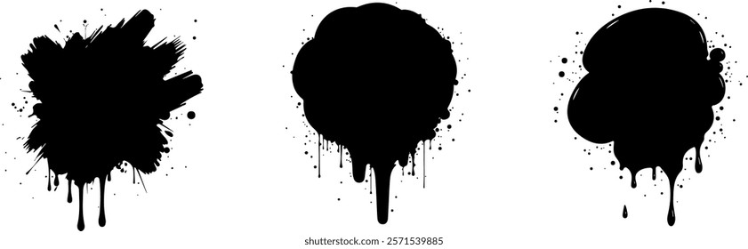 Set of three Isolated black paint splatter on transparent background with empty space for text