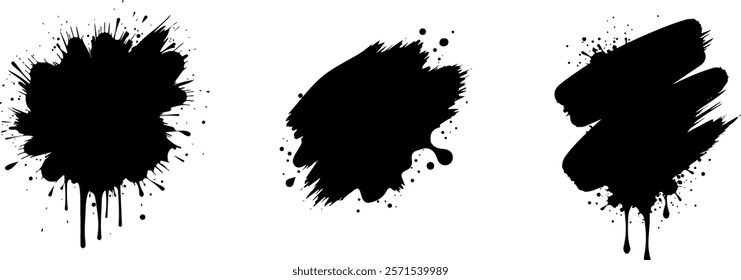 Set of three Isolated black paint splatter on transparent background with empty space for text