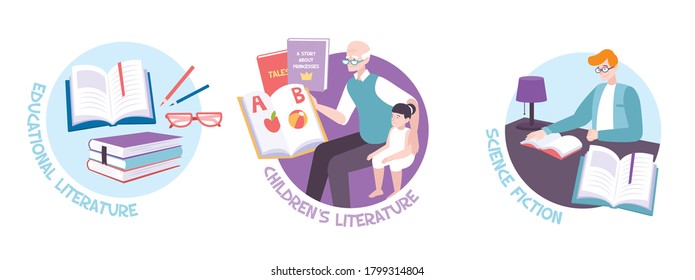 Set with three isolated book round compositions with images of reading people books and editable text vector illustration