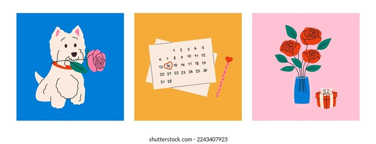 Set of three isolated cards. Valentines day concept. Roses in a vase, February 14 calendar, dog with rose in his teeth. Hand drawn modern Vector illustrations.