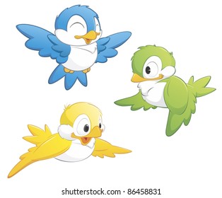 A set of three isolated cartoon birds in three colors.