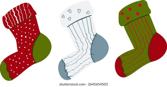 Set of three isolated cartoon Christmas socks with festive patterns in red, green, and blue on a white background. Ideal for winter designs, holiday cards, seasonal decor, and children’s prints.