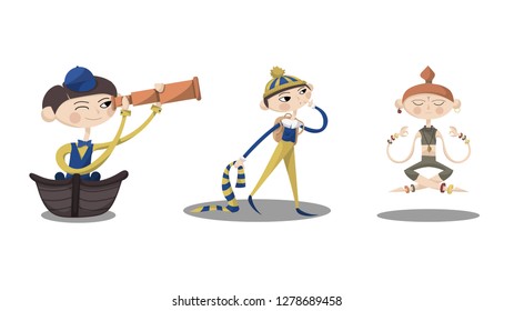 Set of three isolated children characters: a boy in a boat with a spyglass, a boy with a scarf and a meditating yogi. Pastel colours. White background. Flat cartoon style vector illustration.