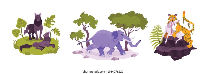 Set of three isolated compositions with exotic plants and wild animals wolves elephant tiger eating antelope vector illustration
