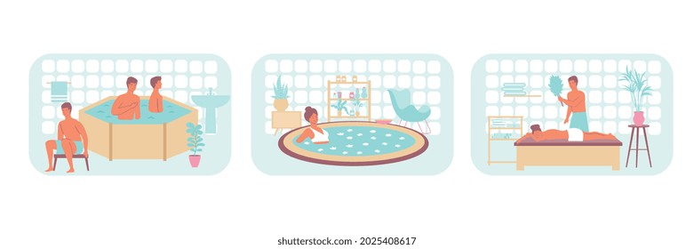 Set with three isolated compositions of water procedures with pool jaccuzi and sauna sceneries with people vector illustration