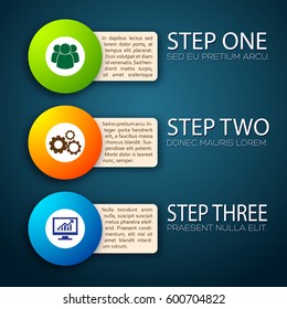 Set of three isolated conceptual bands representing three steps each with appropriate round pictogram and text description vector illustration