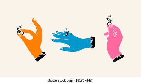 Set of three isolated Elegant Female hands holding and showing the Rings with a sparkling Diamonds. Wedding, jewelry, engagement concept. Hand drawn trendy colored Vector illustration