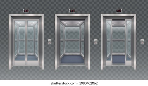 Set of three isolated elevator door realistic images with glass doors windows and silver metal frame vector illustration