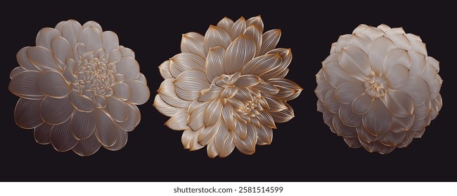 Set of three isolated golden flowers dahlia. Floral vector element for creating patterns, cards, invitation, design.