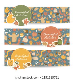 Set of three isolated horizontal doodle style fall banners with seamless autumn elements pattern overlay with round stickers vector illustration